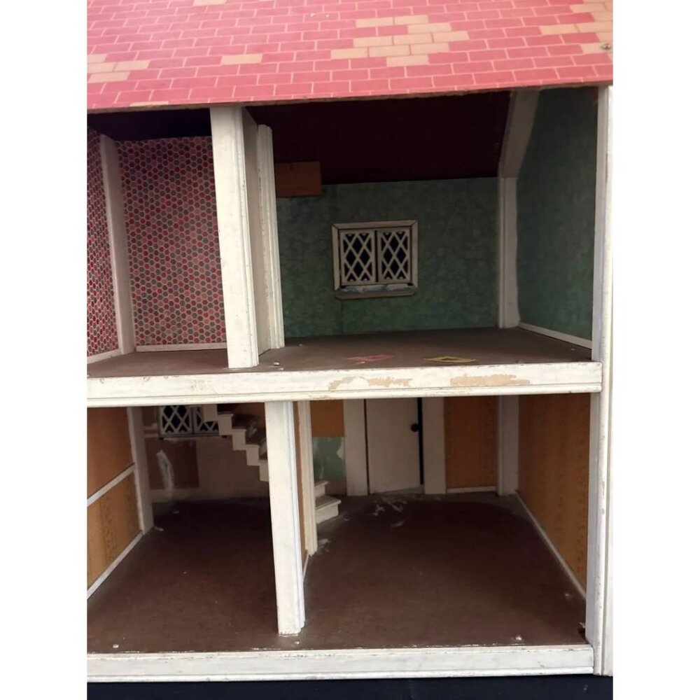 Vintage 2 Story Wooden Dollhouse Litho Exterior Large 24” Mid Century - Picture 6 of 14